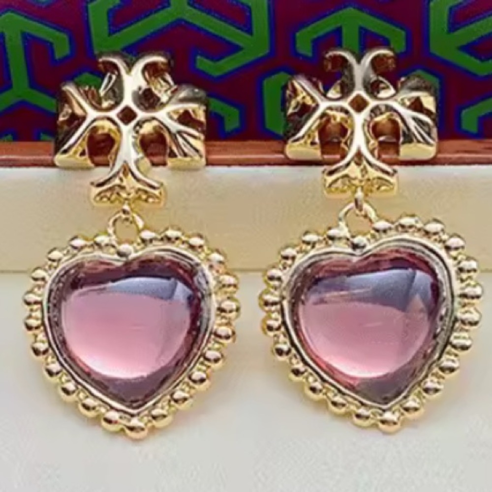 TORY BURCH ROXANNE GOLD LOGO PURPLE HEART DROP EARRINGS - Picture 9 of 9